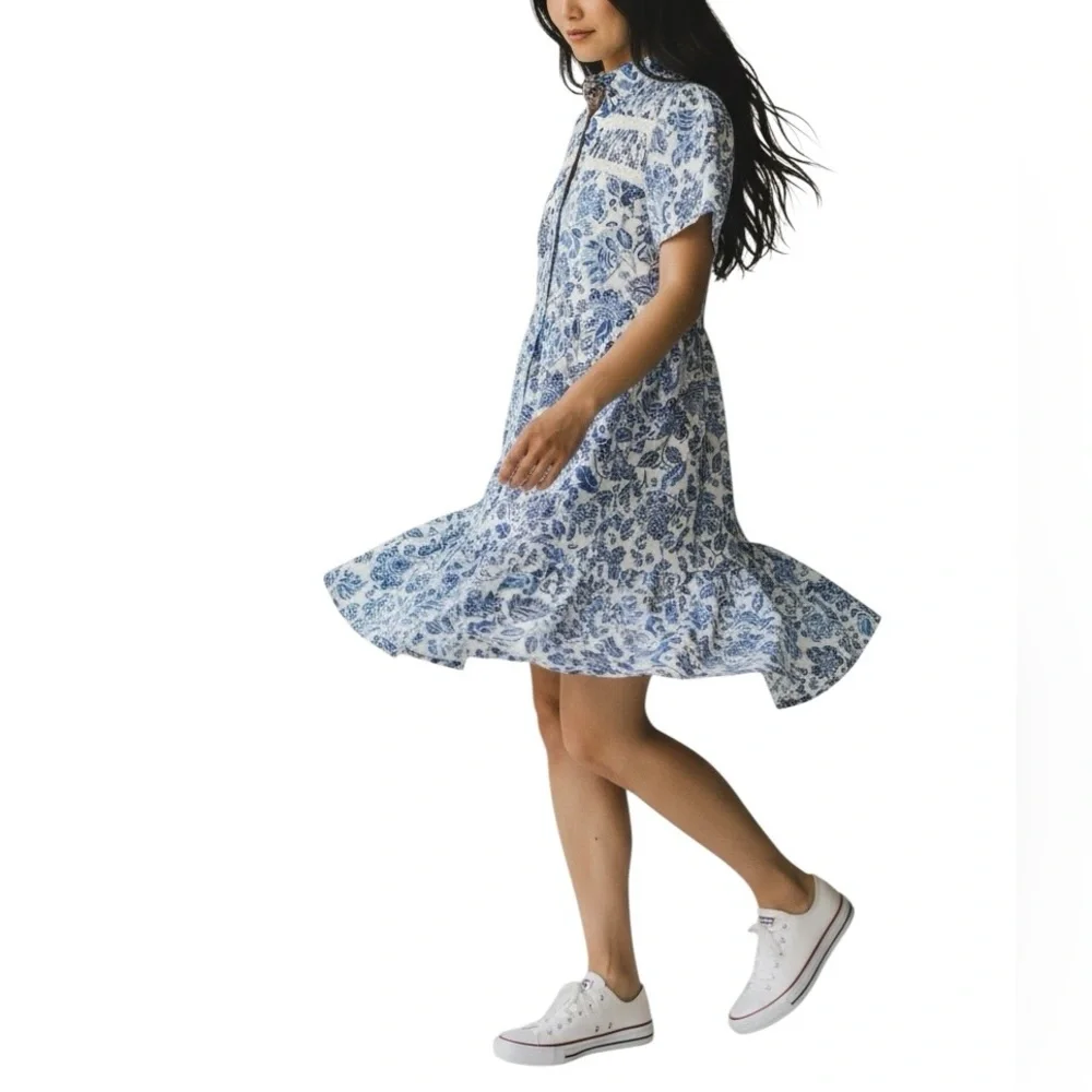 Anthropologie Short Sleeve Button Front Tiered Dress Size XS NWT